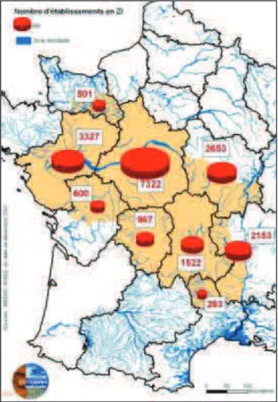 Figure 3 : Nombre d’entreprises situées en zone inondable sur le bassin versant de la Loire (EPL,  consulté le 10 Novembre 2010)