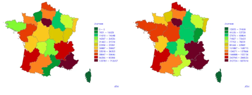 Figure 2.1 – Distribution de l’oﬀre de service en HAD en 2005 (à gauche) et 2011 (à droite)