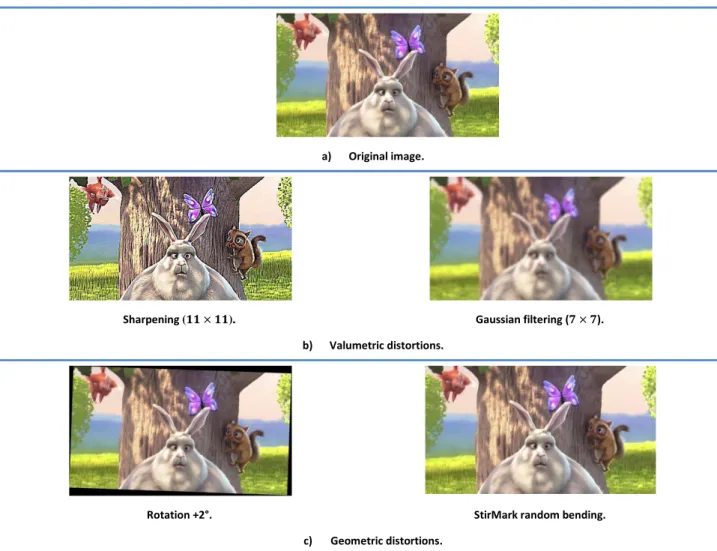 Figure 1.15 “Big Buck Bunny” [Ble08], original frame with samples of its attacked versions