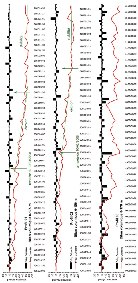 Figure 4  – Bilans sédimentaires du système plage intertidale / cordon dunaire pour les trois  radiales 1, 2 et 3, entre juillet 2004 et décembre 2012 