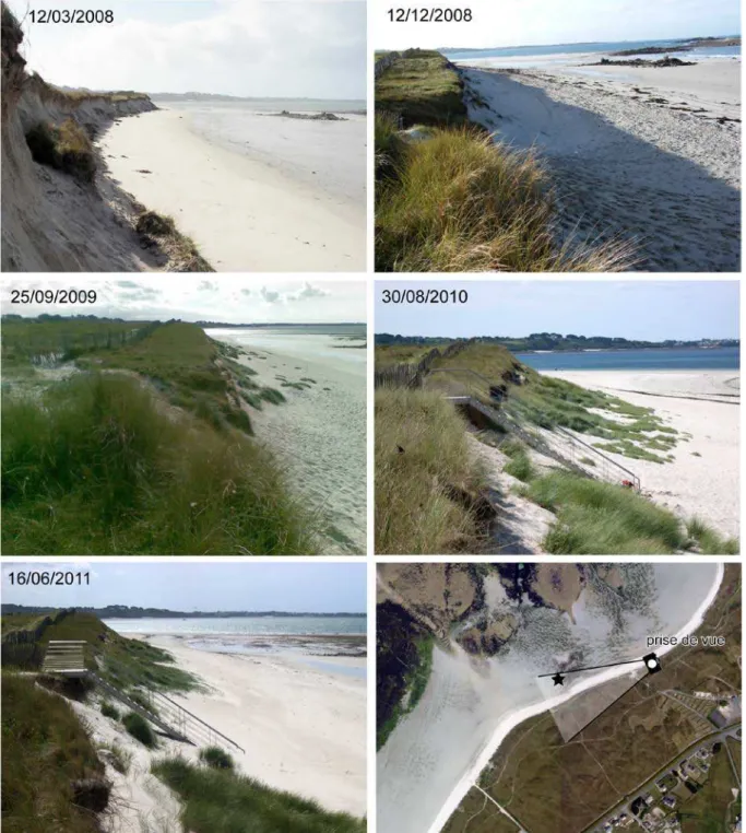 Figure 6 – Evolution morphosédimentaire du front de dune de la plage du Vougot dans sa  partie orientale entre les mois de mars 2008 et de juin 2011 (clichés S