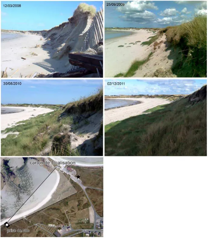 Figure 7 – Evolution morphosédimentaire du front de dune de la plage du Vougot dans sa  partie orientale entre les mois de mars 2008 et de décembre 2011 (clichés S