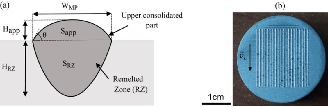 Fig. 1.  (a) Geometrical features of the tracks ; (b) Top view of the tracks on the substrate   after powder removal