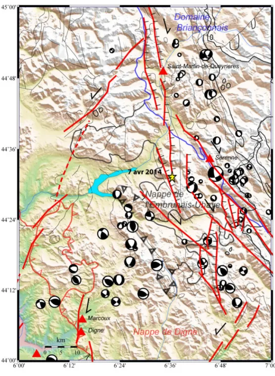 Fig. 14 - (D’après CEA/LDG 2014) : Schéma tectonique de la région affectée par le séisme du 07/04/2014