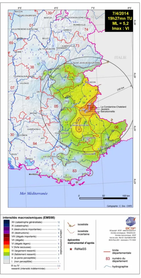 Fig. 15 - Carte macrosismique du séisme du 7 avril 2014 à 19h26 TU. 