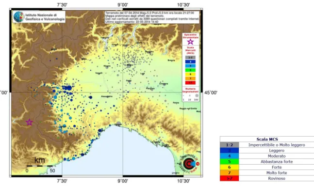 Fig. 16 - Carte d’intensités Internet du séisme du 7 avril 2014 à 19h26 TU, par l’INGV