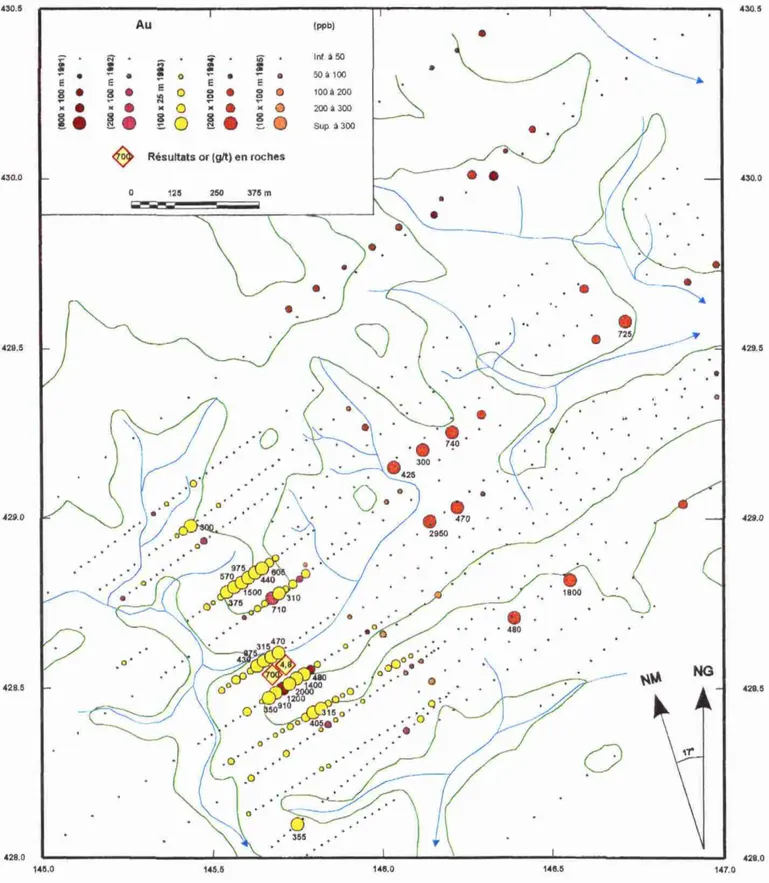 Fig. 2 - Cazal - Zone Likanaon, carte des résultats des analyses géochimiques pour or