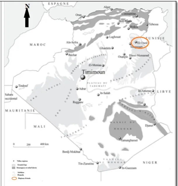 Figure 01: Situation géographique de la région du Souf (FONTAINE, 2005 modifiée). 
