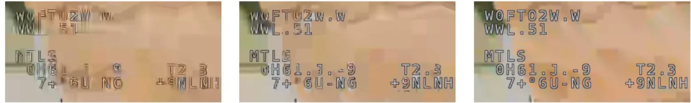 Fig. 3. Reconstruction artefacts at QP=50 for All-Intra coding configuration. Left: HEVC (PSNR 25 dB); Center: SCC (PSNR 25.6 dB); Right: Prop-AVC (PSNR 26.7 dB)