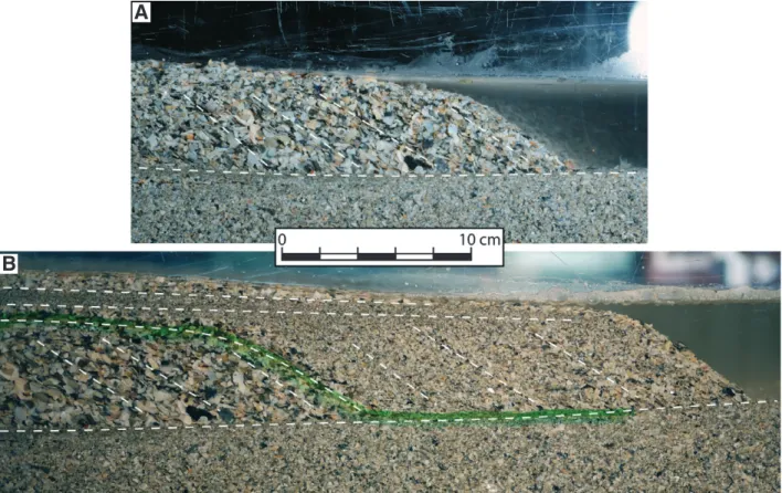 Fig. 8. Formation and evolution of washover fans in flume experiments. (A) The first deposits are the coarsest;