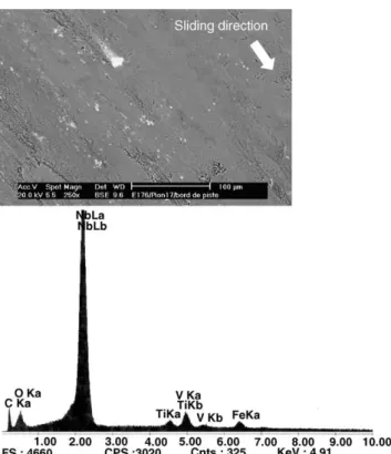 Fig. 10. SEM observation: excrescences of oxidised Nb-carbides partially abraded at the edge of the pin wear track.