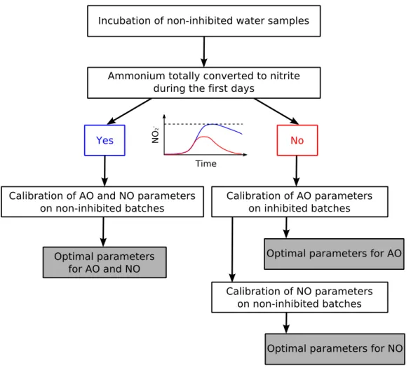 Figure 2: Procedure to find optimal kinetic parameters (growth rate, half-saturation constant) and initial biomasses of AO and NO.
