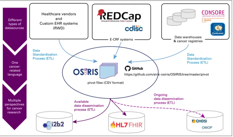 FIG A1. Description of the use of the OSIRIS structured ﬂ at ﬁ les. We use the OSIRIS ﬂ at ﬁ les as an entry point to standardize data from different data sources (ie, EHRs, eCRFs, data warehouses, and cancer registries)