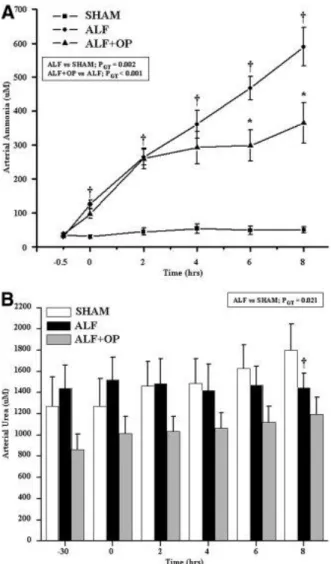 Figure 2. (A) Arterial ammonia concentrations over time: significant interaction between ALF  versus sham (P GT  = 0.002) and ALF versus ALF + OP (P GT  &lt; 0.001)