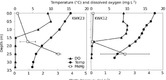FIGURE S2. Vertical profiles of dissolved oxygen concentrations (DO, mg L -1 ), temperature  (Temp, °C) and MeHg concentrations (ng L -1 ) for two stratified thermokarst ponds sampled near  Kuujjuarapik-Whapmagoostui in August 2009