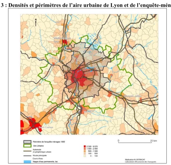 Figure 3 : Densités et périmètres de l’aire urbaine de Lyon et de l’enquête-ménages 1995 