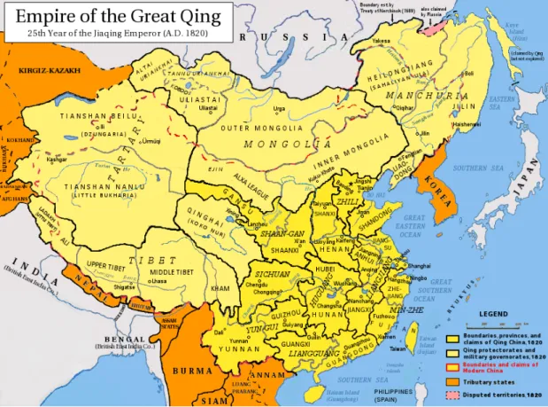 Figure  1 :  La  carte  de  l’empire  des  Qing  où  les  frontières  des  18  provinces 150  réclamées  par  les  révolutionnaires sont illustrées