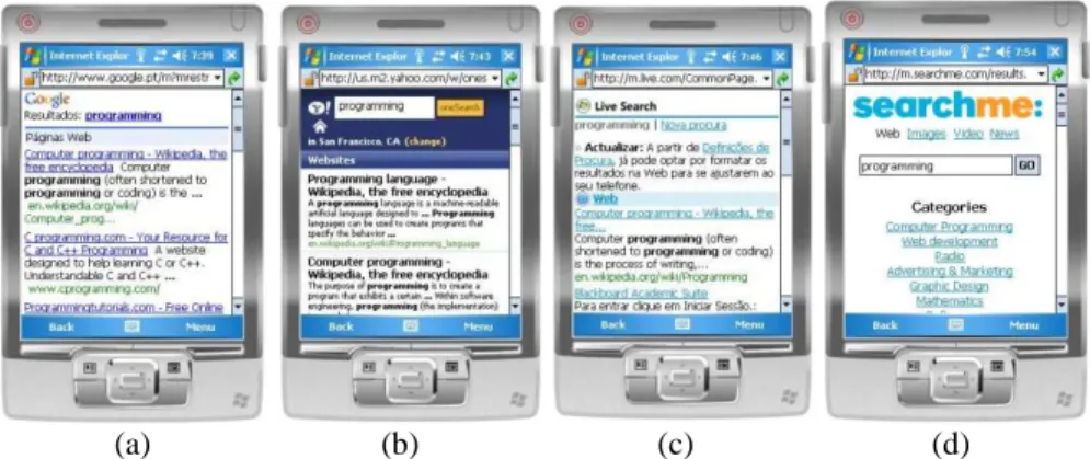 Fig. 1. (a) Google Mobile. (b) Yahoo Mobile. (c) Live Search Mobile. (d) Searchme Mobile