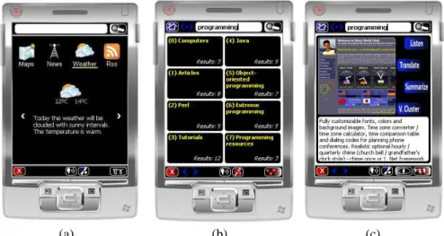 Fig. 2. (a) VipAccess Mobile interface. (b) VipAccess Mobile with clusters. (c) VipAccess  Mobile for summarization