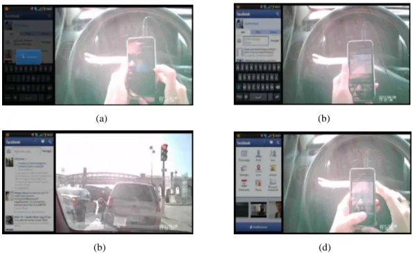 Figure 5: a) Sending a message and getting the circular progress bar; b) the right hand goes to the right to  engage  a  gear;  c)  the  gaze  moves  up  to  look  at  the  road  and  ‘discover’  that  the  light  is  still  red;  d)  she  immediately gaze