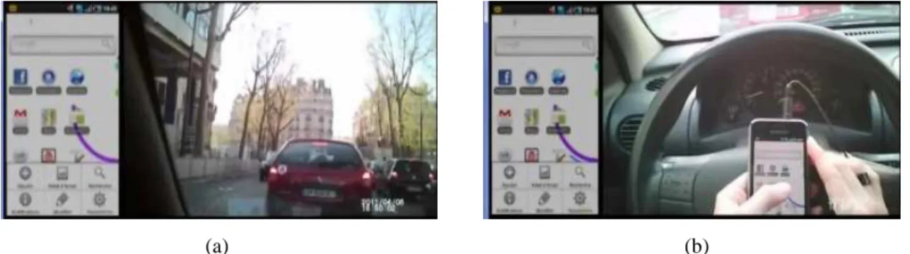 Figure  3:  a)  Arriving  at  a  red  light  behind  the  stopping  traffic;  b)  Taking  such  an  occurrence  as  an  opportunity to gaze down, put the phone on the driving wheel and launch the Facebook application