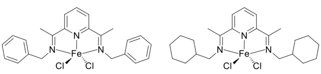 Fig. 1.3: 2,6-Bis[(benzylimino)ethyl]pyridine iron dichloride and  2,6-bis[(cyclohexanemethylimino)ethyl]pyridine iron dichloride complexes