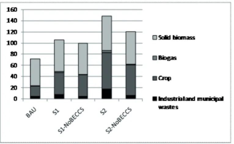 Figure 6: World biomass consumption in 2050 when CCS is not available (EJ)