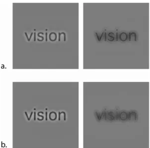 Figure 3. Illustration of the most (left) and least (right) used spatial frequencies for  accurate word recognition with stimuli presented to the (a) left and (b) right visual  hemifields by filtering the word ‘vision’