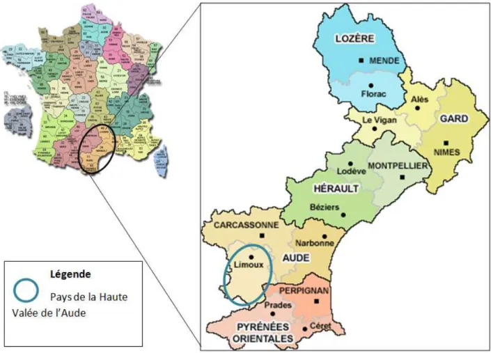 Figure 7 : Localisation du territoire d'étude à l'échelle du de la France et de la région Languedoc  Roussillon (modifiée à partir de ADAFEC, 2010 et Carte de France, consulté en 2012) 