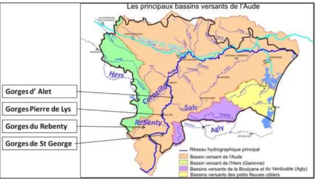 Figure 9 : La carte des principaux bassins versants de l'Aude (Réalisé à partir de : Conseil Général de  l’Aude, AUDEVANT, 2009) 