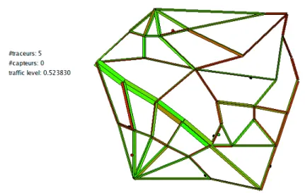 Fig. 5.2: Traffic network as produced by the simulator. The continuous color code represents the traffic index from 0 (full green) to 1 (full red).