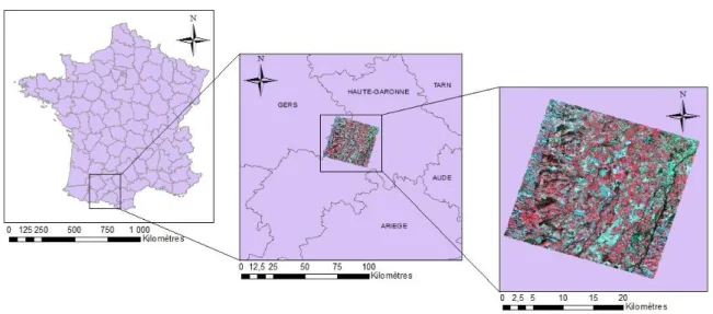 Figure 5 : Localisation du site d’étude et image Formosat-2 du 03/03/2013, fausses couleurs (RGB, PIR, R, V)