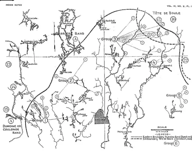 Figure 1 : Territoire politique de la bande de la rivière Désert en 1927 et 1928 (Speck, 1929 : 96) L’autorité  des  chefs  était  ainsi  étroitement  liée  au  territoire