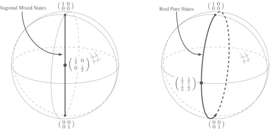 Figure 4.1 – The set D 2 visualized using the Bloch sphere parametrization. We highlight in black the regions of D 2 used by LM (to the left) and VSM (to the right).