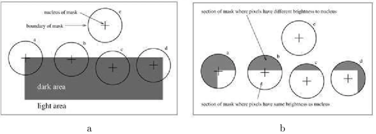 Figure 3.4: Méthode SUSAN : a) exemple de points d'intérêt sur une image synthé-