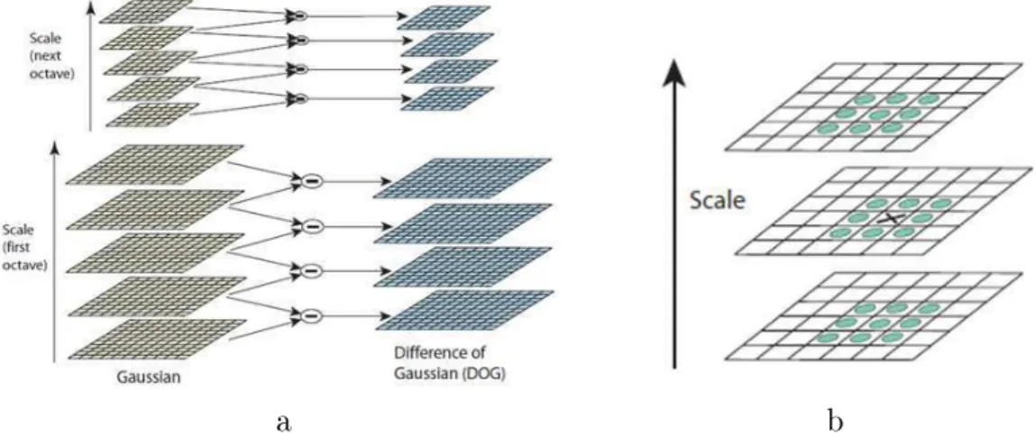 Figure 3.6: Détetion dans l'espae éhelle : a) images DoG issues d'une pyramide