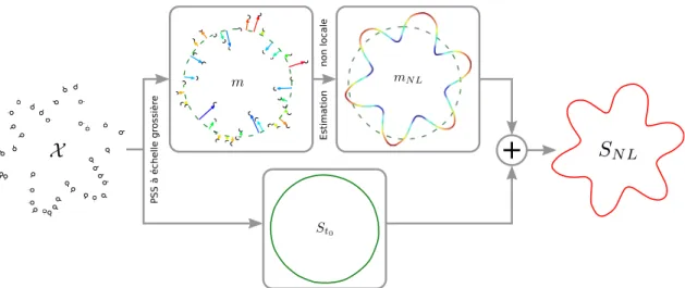 Figure 3.3: Nous utilisons un opérateur PSS grossier sur notre nuage de points d’entrée X pour décomposer le signal en une surface grossière S t 0 (en vert) et un champ scalaire de déplacement résiduel m