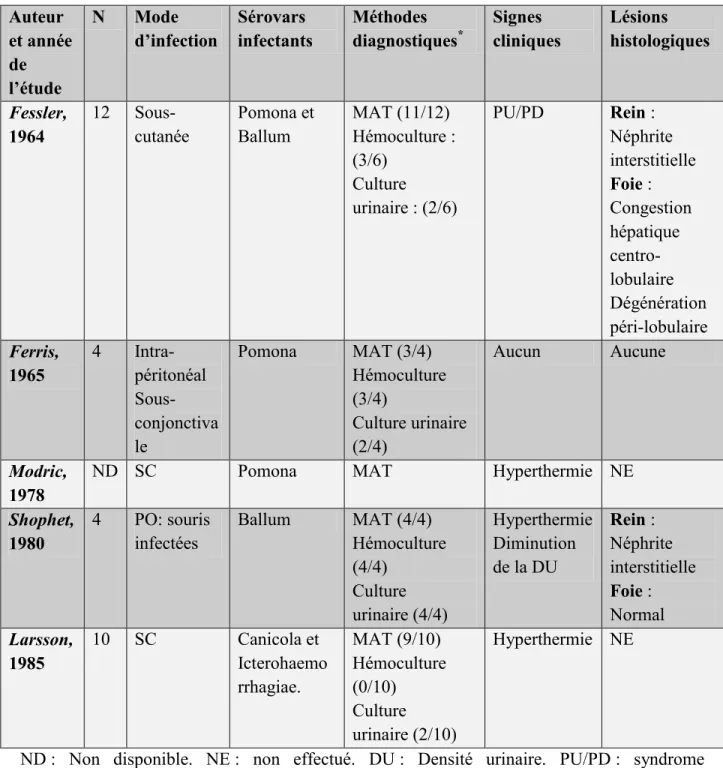 Tableau V. Tableau comparatif d’infections expérimentales à Leptospira spp chez le chat