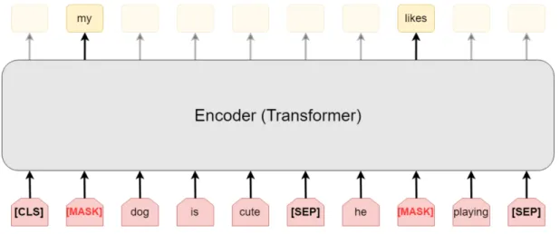 Figure 2.10 – Illustration of an input sequence of B ERT [41]. Some words are randomly masked in the input sentence and the goal is to predict them at the output
