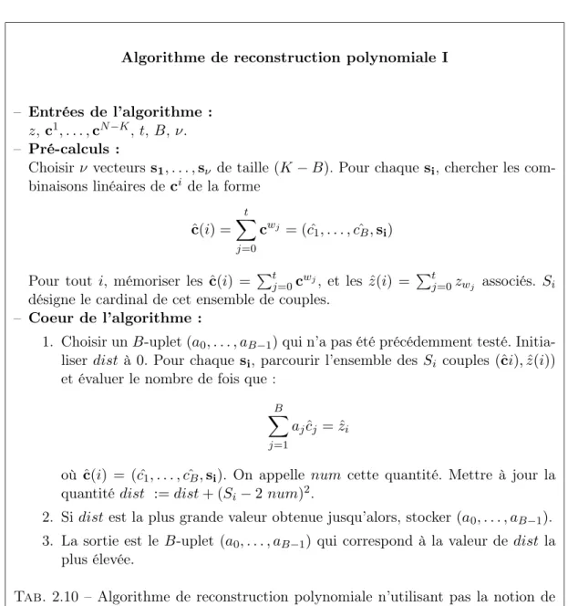 Tab. 2.10 – Algorithme de reconstruction polynomiale n’utilisant pas la notion de i-préfixe, Johansson et Jönsson, CRYPTO 2000, [49].
