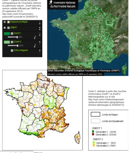 Figure 1. Les contrastes régionaux de la base de données Znieff à travers deux représentations  cartographiques