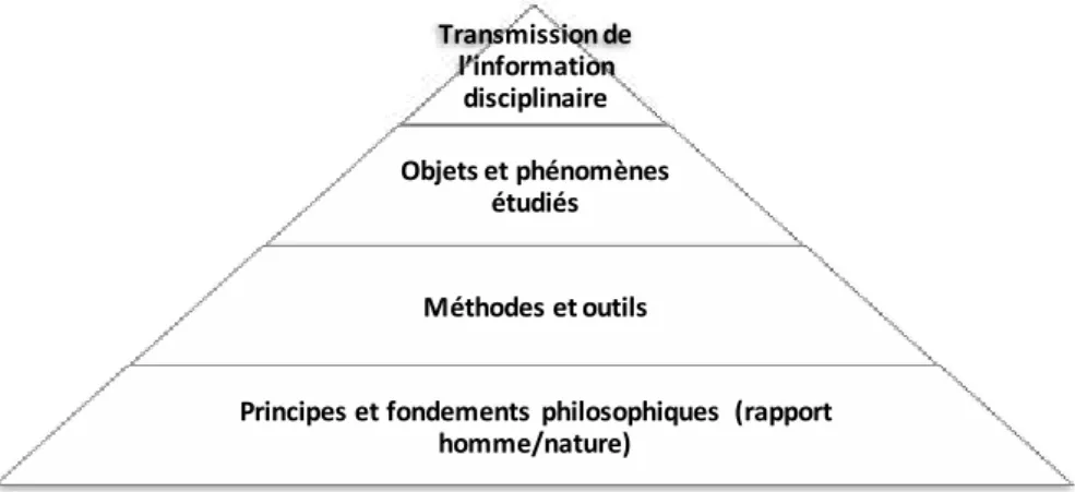 Figure 1 - Architecture scientifique pour l'analyse de l'écologie industrielle comme champ de recherche  adaptée d’)senmann,  Transmission de l’i fo atio  disciplinaire Objets et phénomènes étudiésMéthodes et outils