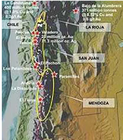 Figure 5 : Localisation des mines concernées par le traité minier Argentine-Chili de 2004 à la  latitude de Santiago 