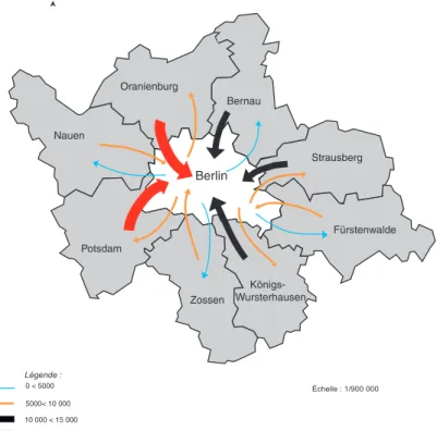 Figure 3 – Estimation des déplacements pendulaires entre Berlin  et sa région urbaine à partir du lieu de départ