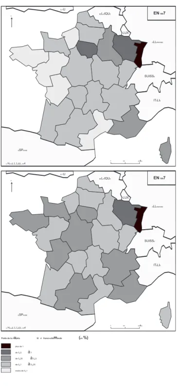 Figure 3 – Part des mariages franco-allemands en France  en 1967 et en 1997 0 100 200kmESPAGNE ITALIESUISSE ALLEMAGNELUX.BELGIQUER.-U.