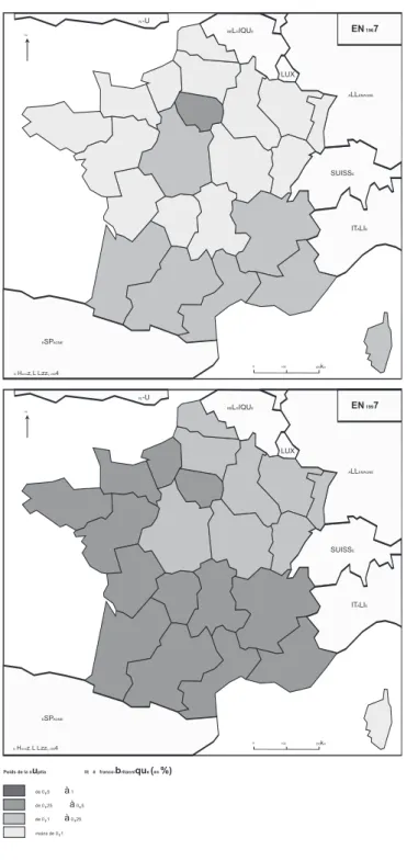 Figure 4 – Part des mariages franco-britanniques en France  en 1967 et en 1997 0 100 200kmESPAGNE ITALIESUISSE ALLEMAGNELUX.BELGIQUER.-U.N