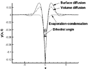 Figure I.A.2   Comparaison des profils calculés des sillons intergranulaires obtenus par  gravage thermique en fonction du mécanisme envisagé (d’après  [ZHA-2004])