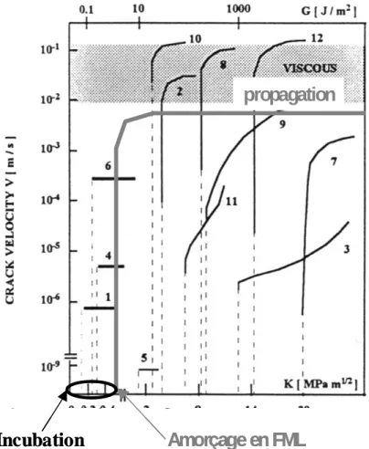 Figure I.C.1   Vitesse de fissuration en fonction du facteur d’intensité de contrainte en  fragilisation par les métaux liquides [GLI-2003] (1 correspond au système  cuivre / bismuth)