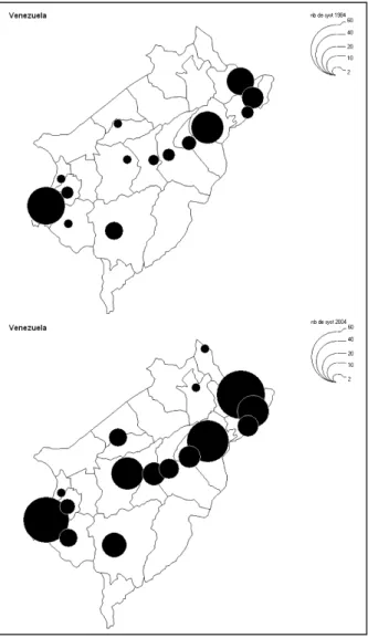 Figure 4. – Répartition des systèmes d’irrigation collectifs   de Mérida de 1964 à 2004.