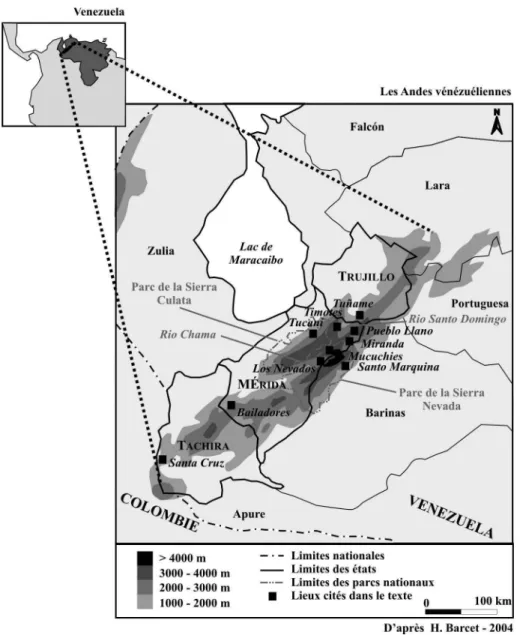 Figure 1. – Localisation des Andes vénézueliennes, généralement   limitées aux États de Mérida, Táchira et Trujillo.